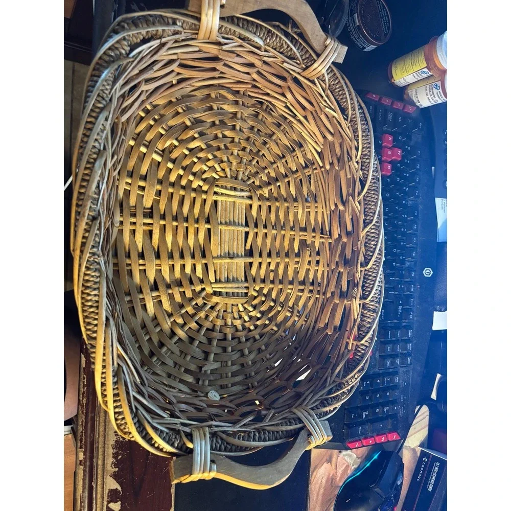 Vintage Large, Older - WICKER BASKET w Metal - Holly Leaf & Berries Christmas